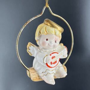 VINTAGE Blonde Porcelain Swinging Angel Ornament Playing Mandolin Guitar Japan